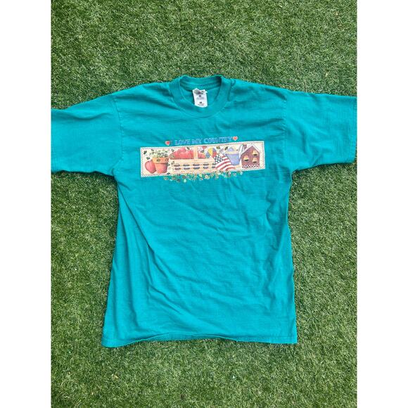 Fruit of the Loom Other - Vintage 90s Teal Graphic T-Shirt "Love My Country" USA Garden